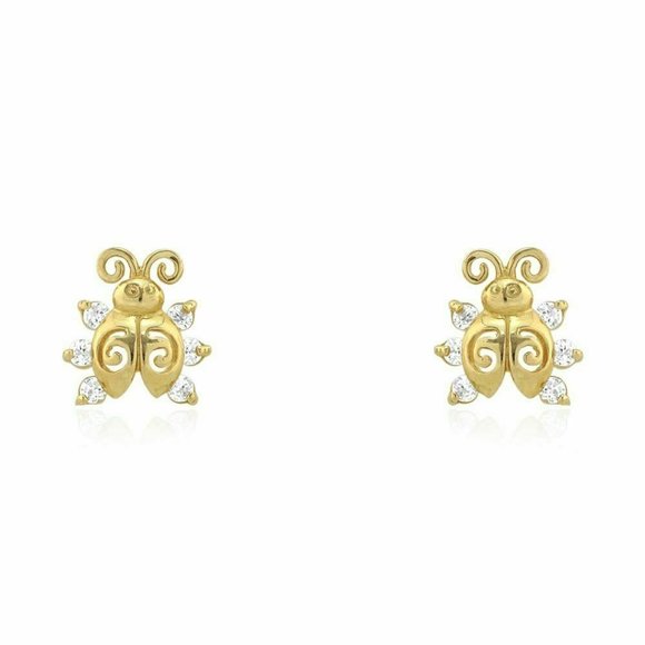 14k Solid Gold Round Cut White Zircon Ladybug Screw Back Stud Kid Earrings - Picture 3 of 7